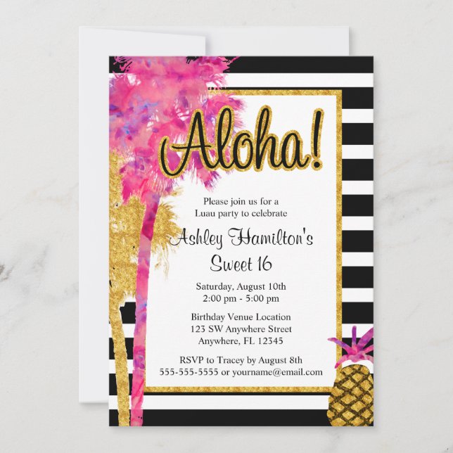 Tropical Luau Stripes Sweet 16 Birthday Invitation (Front)