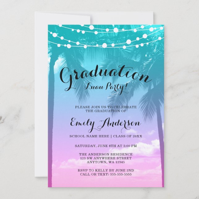 Tropical Luau Teal Pink Luau Graduation Party Invitation (Front)