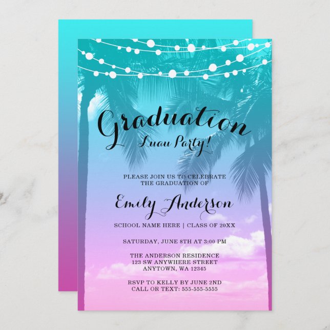Tropical Luau Teal Pink Luau Graduation Party Invitation (Front/Back)
