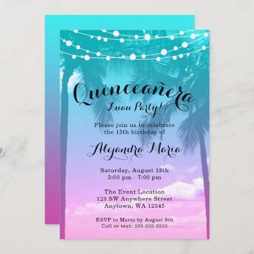 Tropical Luau Teal Pink Quinceanera Invitations