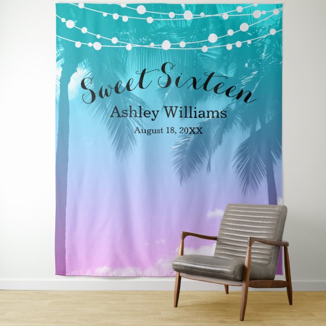 Tropical Luau Teal Pink Sweet 16 Birthday Backdrop (In Situ)
