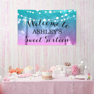 Tropical Luau Teal Pink Sweet 16 Birthday Banner