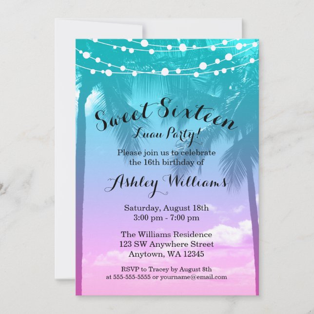 Tropical Luau Teal Pink Sweet 16 Birthday Invitation (Front)
