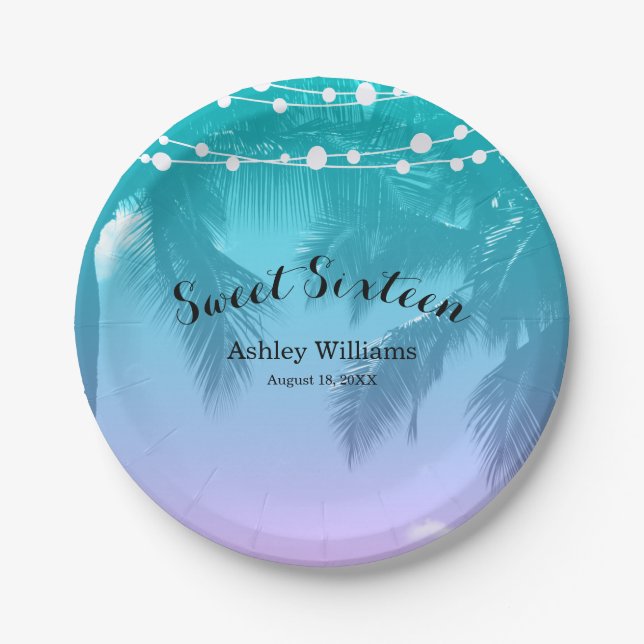 Tropical Luau Teal Pink Sweet 16 Birthday Party Paper Plates (Front)