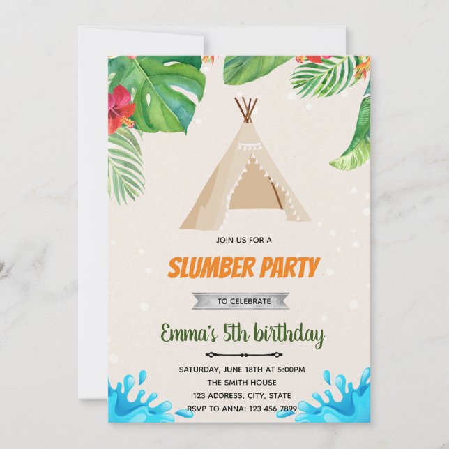 Tropical luau teepee by the pool theme invitation (Front)