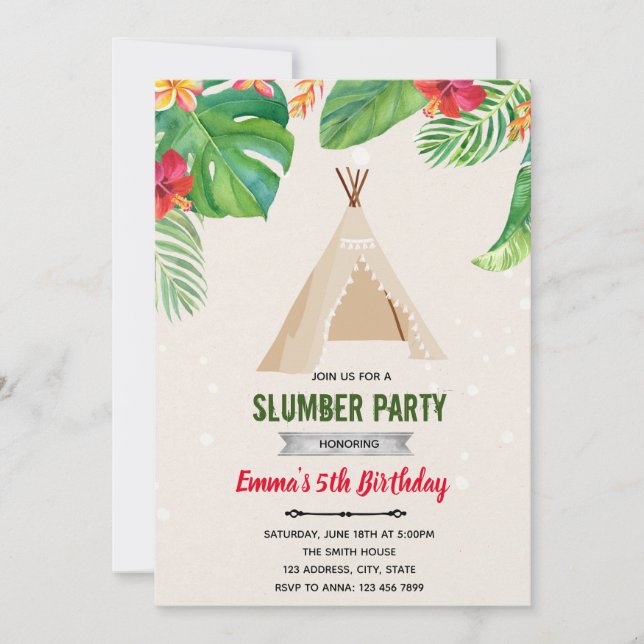 Tropical luau teepee slumber theme invitation (Front)