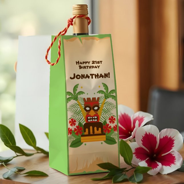 Tropical Luau Tiki Bar Fun Retro Hawaiian Birthday Wine Gift Bag (This tiki themed birthday party wine gift bag brings the kitsch with a retro Hawaiian luau vibe.)