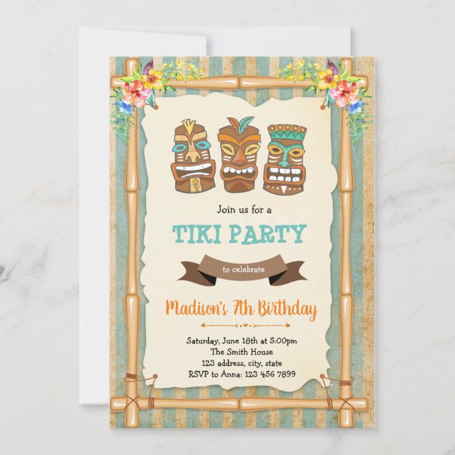 Tropical luau tiki birthday invitation (Front)