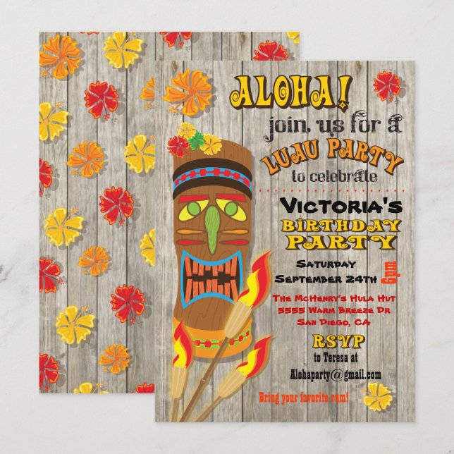 Tropical Luau Tiki Party Invitations (Front/Back)