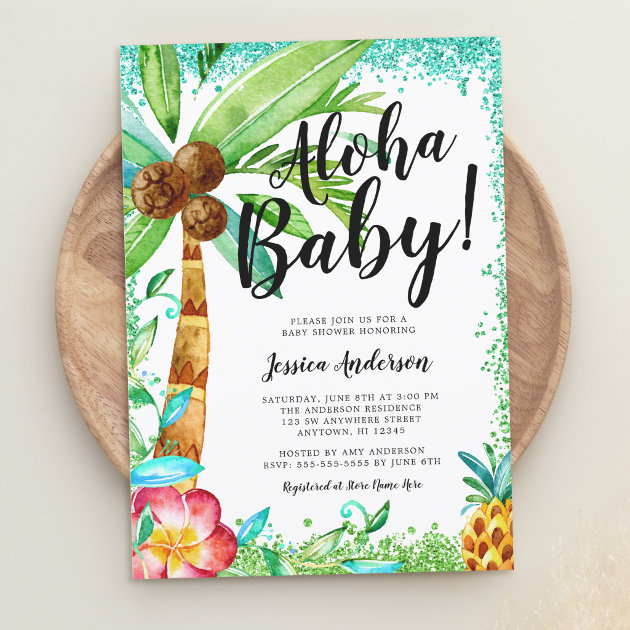 Tropical Luau Watercolor Faux Glitter Baby Shower Invitation Zazzle