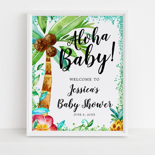 Tropical Luau Watercolor Faux Glitter Baby Shower Poster
