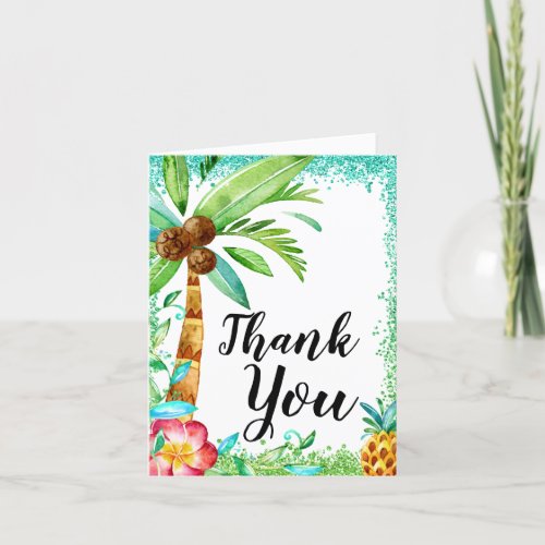 Tropical Luau Watercolor Faux Glitter Baby Shower  Thank You Card