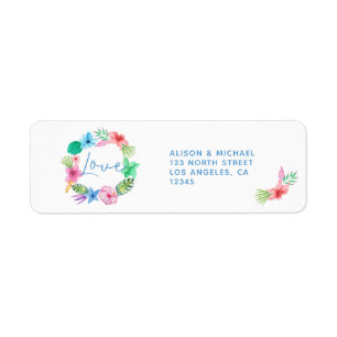Tropical luau wreath beach wedding love script label