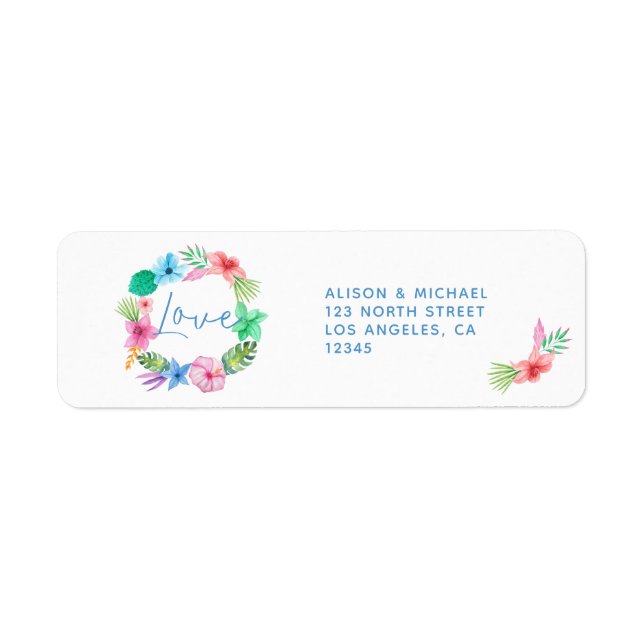 Tropical luau wreath beach wedding love script label (Front)