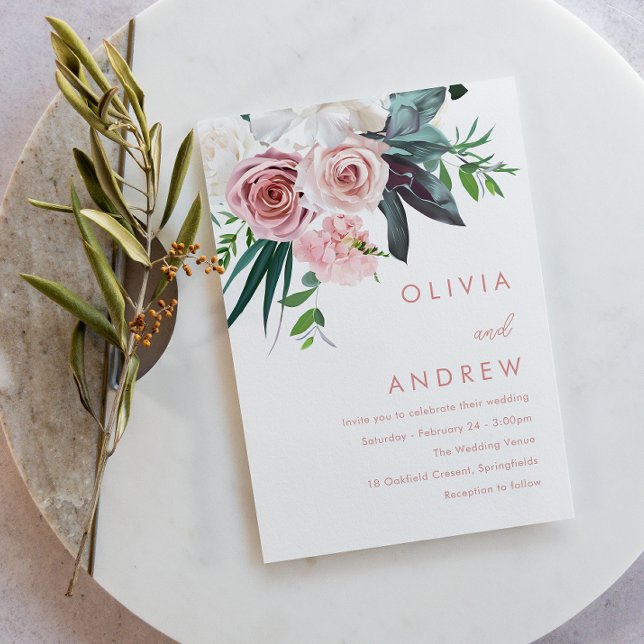 Tropical Lush Blush Floral Modern Wedding Invitation (Creator Uploaded)