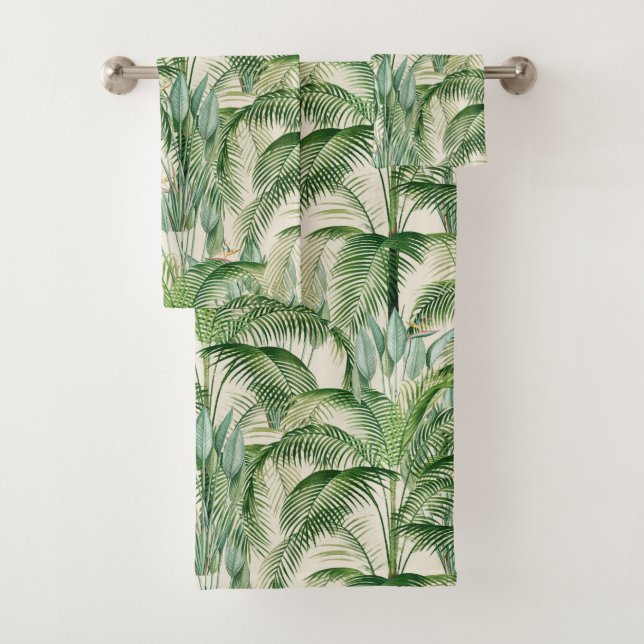 Tropical Lush Foliage Palm Leaves Pattern Bath Towel Set (Insitu)
