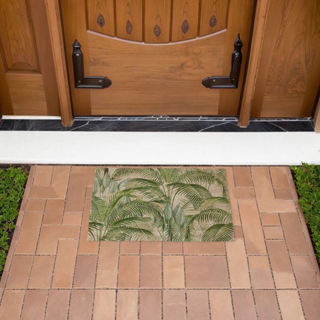 Tropical Lush Foliage Palm Leaves Pattern Fiber Doormat (Insitu (Outdoor))