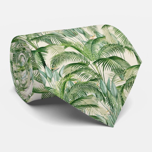 Tropical Lush Foliage Palm Leaves Pattern Neck Tie (Rolled)