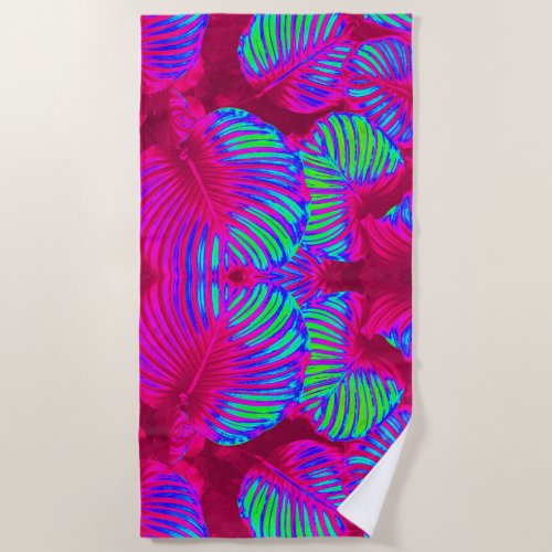 Tropical Lush Magenta Leaves Beach Towel