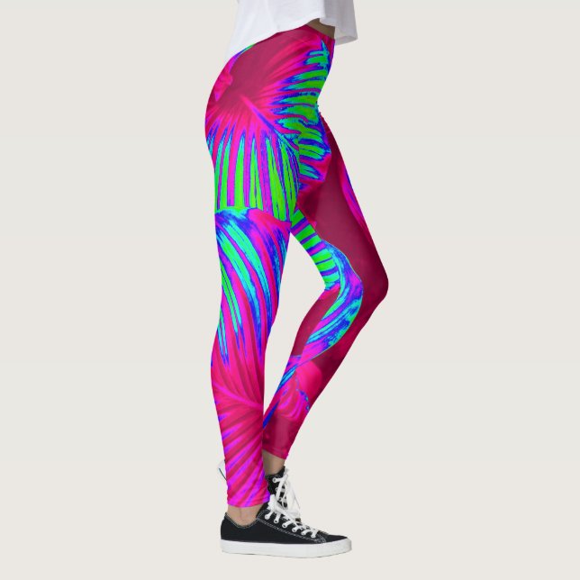 Tropical Lush Magenta Leaves Leggings (Right)