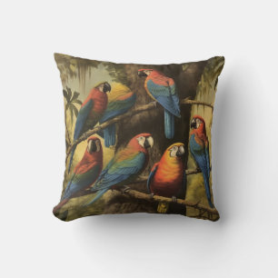 Tropical Macaw Aviary Emerald Foliage Statement  Throw Pillow