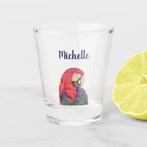 Tropical Macaw Exotic Parrot Blue Typography Shot Glass