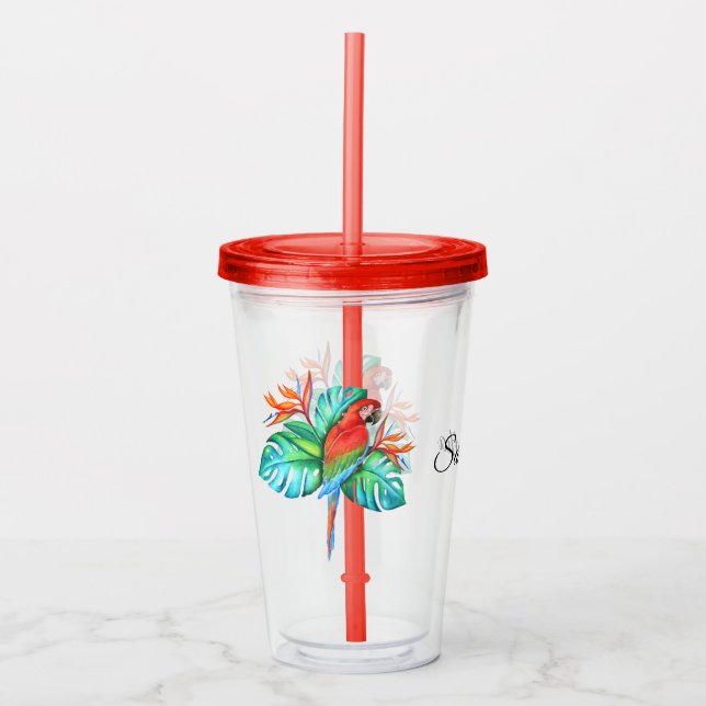 Tropical Macaw Parrot Personalized Acrylic Tumbler (Front)
