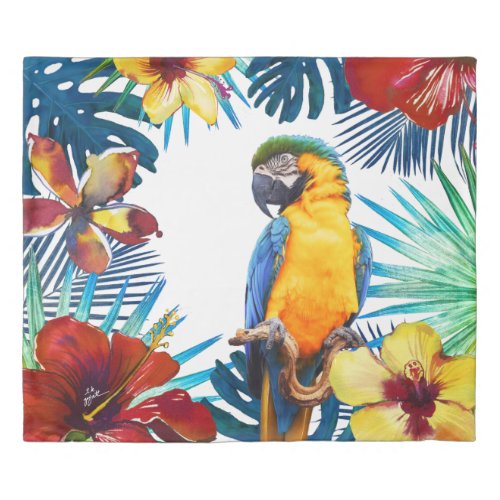 Tropical Macaw Parrot Yellow Teal Red Floral Beach Duvet Cover