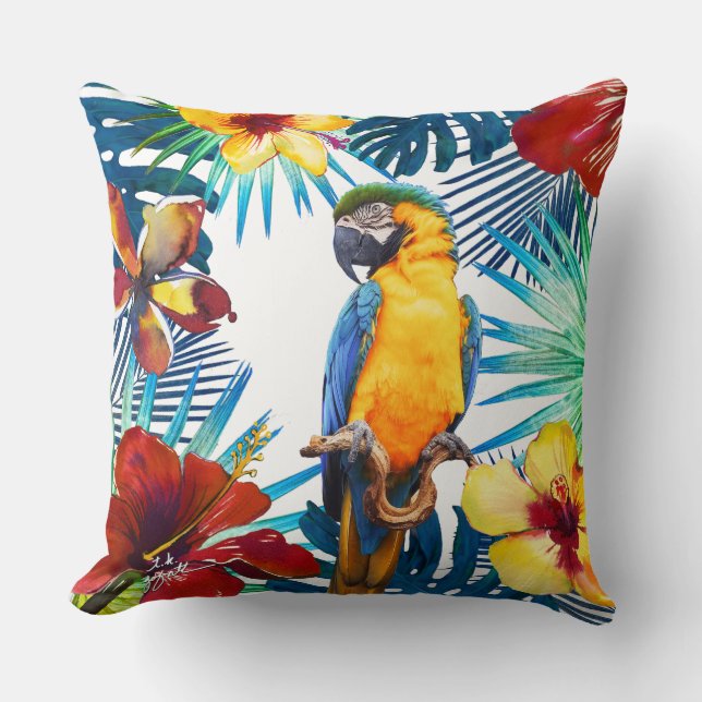 Tropical Macaw Parrot Yellow Teal Red Floral Beach Throw Pillow (Front)