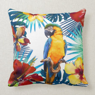 Tropical Macaw Parrot Yellow Teal Red Floral Beach Throw Pillow