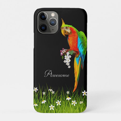 Tropical Macaw  White Flowers on Black iPhone 11 Pro Case