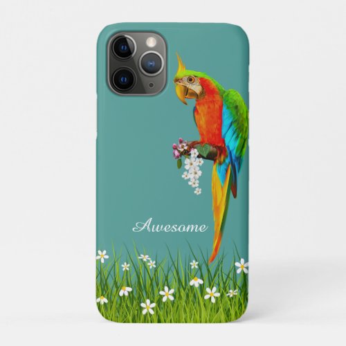 Tropical Macaw  White Flowers on Teal iPhone 11 Pro Case