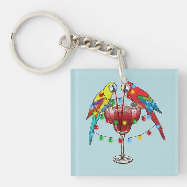 Tropical Macaws Drinking Wine Keychain (Front)