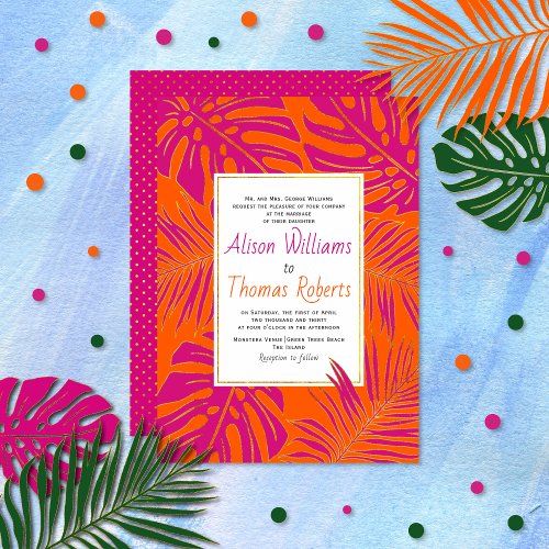 Tropical magenta and vibrant orange leaves wedding invitation