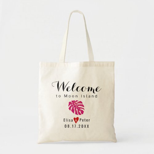 Tropical magenta leaf destination wedding welcome tote bag