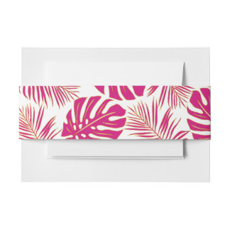 Tropical magenta pink monstera palm leaves wedding invitation belly band