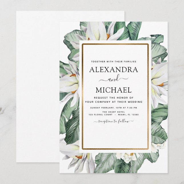 Tropical Magnolia Greenery Floral Palm Wedding Invitation (Front/Back)