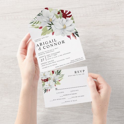 Tropical Magnolia White Green Red All In One Invitation