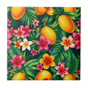 Tropical Mango and Palm Leaf Pattern Ceramic Tile