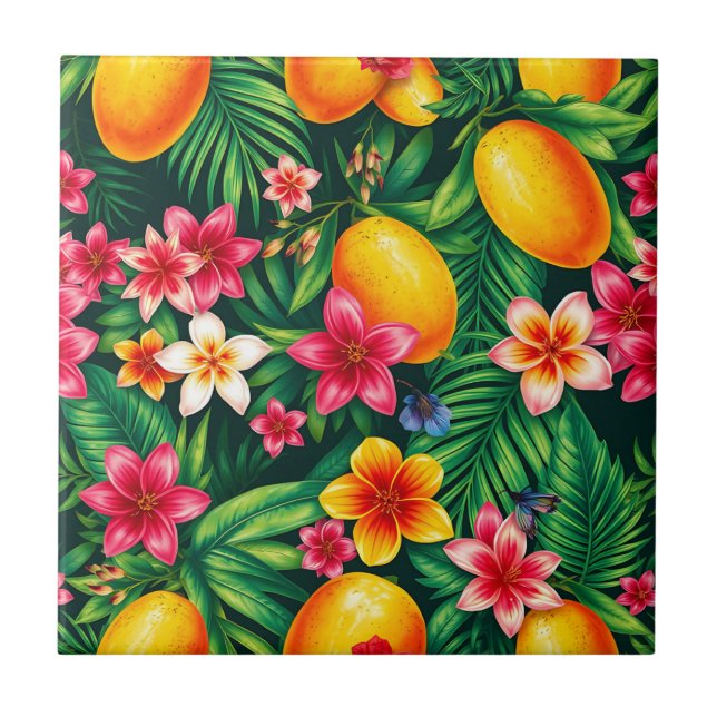 Tropical Mango and Palm Leaf Pattern Ceramic Tile (Front)
