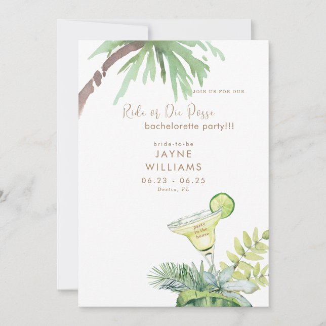 Tropical Margarita Ride or Die Bachelorette Party  Invitation (Front)