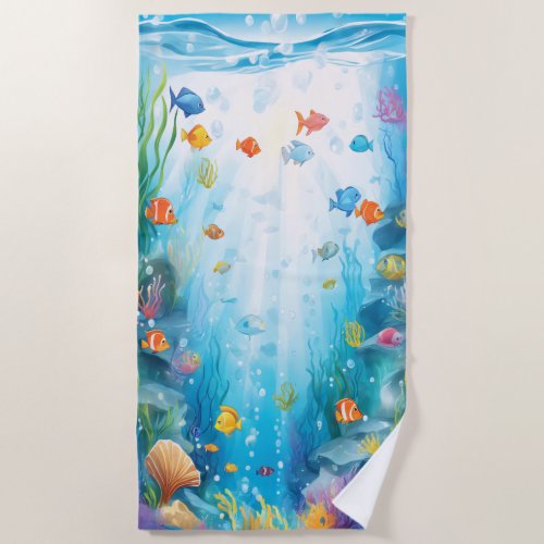 Tropical Marine Life Under the Ocean Watercolor Beach Towel