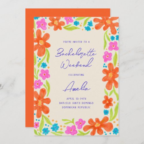 Tropical Marker Sketch Flower Border Bachelorette Invitation