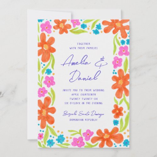 Tropical Marker Sketch Flower Border Wedding Invitation