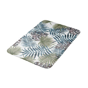 Tropical Mauve Green Palm Leaves Watercolor Art Bath Mat