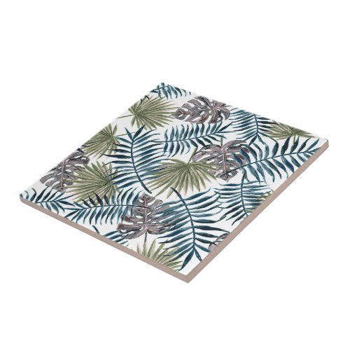 Tropical Mauve Green Palm Leaves Watercolor Art Ceramic Tile