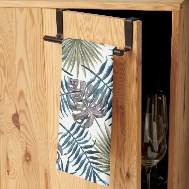 Tropical Mauve Green Palm Leaves Watercolor Art Kitchen Towel (Thirds Fold)
