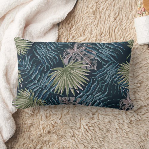 Tropical Mauve Green Palm Leaves Watercolor Art Lumbar Pillow