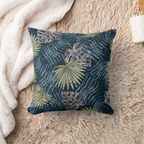 Tropical Mauve Green Palm Leaves Watercolor Art Throw Pillow