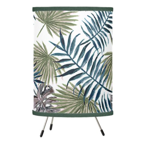 Tropical Mauve Green Palm Leaves Watercolor Art Tripod Lamp
